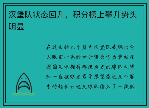 汉堡队状态回升，积分榜上攀升势头明显